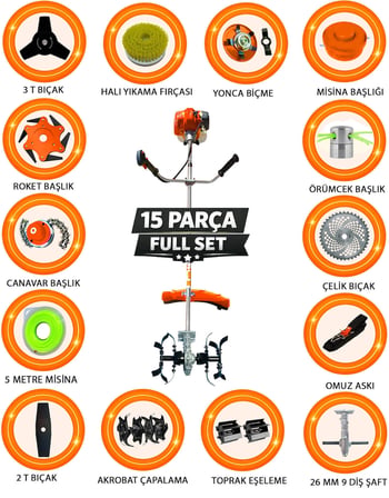 German WX 880 Güçlü Performans 15 Parça Full Set Benzinli Yan Tipi Tırpan Ot Çim Çalı Biçme