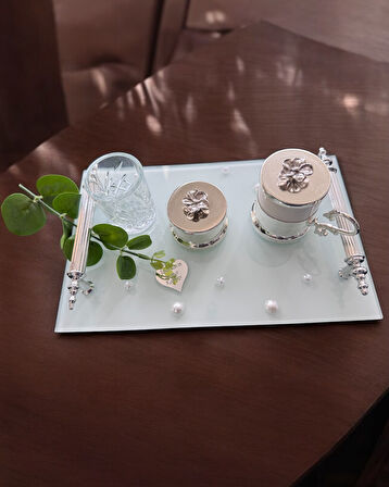 Bonding Gümüş Beyaz İncili Söz Tepsisi Nişan Tepsisi ve Damat Kahve Fincan Tepsisi