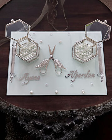 Bonding Gümüş Beyaz İncili Söz Tepsisi Nişan Tepsisi ve Damat Kahve Fincan Tepsisi