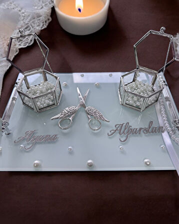 Bonding Gümüş Beyaz İncili Söz Tepsisi Nişan Tepsisi ve Damat Kahve Fincan Tepsisi