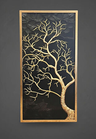 3D Kabartmalı Altın Ağaç Tablosu - Siyah Zemin