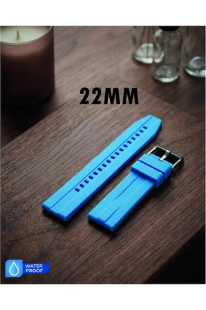 22mm Şeritli Ralli Model Premium Silikon Akıllı Saat Kordonu – Pimli (Quick Release) Sportif Tasarım – Şerit Detaylı Dayanıklı Saat Kordonu - Mavi