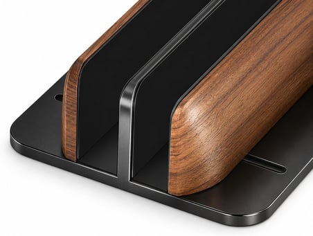 McStorey Ahşap Dikey Laptop Standı, Çift Yuvalı 2 Cihazlık MacBook ve Notebook Tutucu, Masaüstü Organizer, Kaymaz Tabanlı Ahşap Metal Bilgisayar Standı Kahverengi