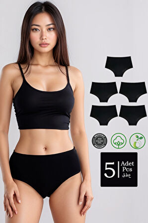Yüksek Bel Pamuklu 5'Li Paket Bato Külot Siyah