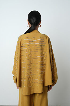 Kadın Arkası Ve Kolları Yatay Taş İşlemeli Oversize Kesim Kimono