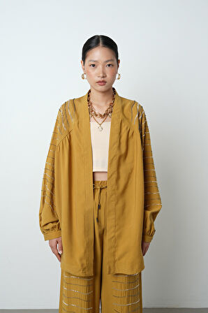 Kadın Arkası Ve Kolları Yatay Taş İşlemeli Oversize Kesim Kimono