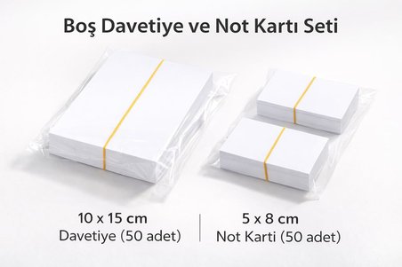 Boş Davetiye ve Yemek Kartı Seti | 300 gr Yerli Bristol 1. Hamur Kalın Karton | 10x15 cm Davetiye (50 Adet) + 5x8 cm Yemek/İsim Kartı (50 Adet) | Düğün, Nişan, Organizasyon İçin.