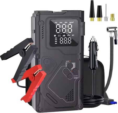 12.000 mAh Taşınabilir Çantalı Araç Akü Şarj Takviyeli Işıklı Hava Kompresörü Akü Takviye Cihazı 4'ü 1 Arada Powerbank