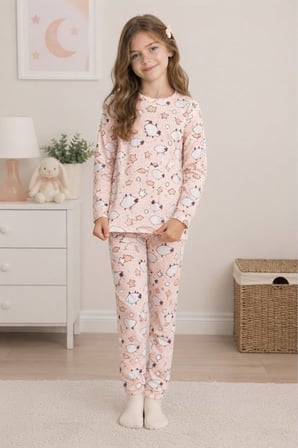 Kız Çocuk Çiçek-kurdela-kuzu Baskılı Pamuklu Pijama Takım TKM1025