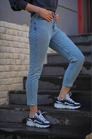 New Larinias Buz Mavi Kar Yıkama Mom Jeans Likralı Yüksek Bel Kot Pantolon Ekstra Rahat