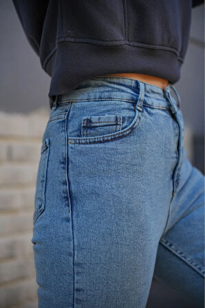 New Larinias Buz Mavi Kar Yıkama Mom Jeans Likralı Yüksek Bel Kot Pantolon Ekstra Rahat