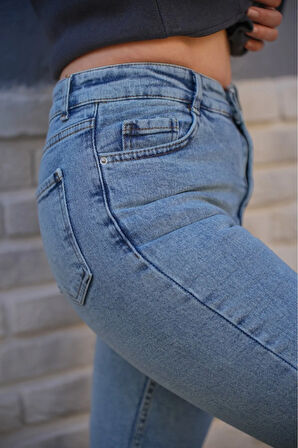 New Larinias Buz Mavi Kar Yıkama Mom Jeans Likralı Yüksek Bel Kot Pantolon Ekstra Rahat