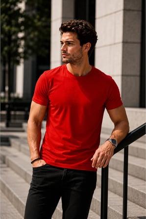 Erkek Slim Fit kırmızı Bisiklet Yaka Pamuk Penye Günlük Rahat Basic Tişört