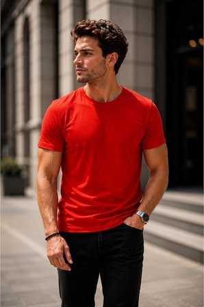 Erkek Slim Fit kırmızı Bisiklet Yaka Pamuk Penye Günlük Rahat Basic Tişört