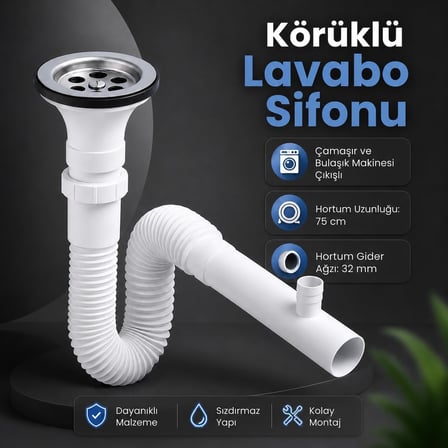 Çamaşır Çıkışlı Sifon, Lavabo Gider Sifonu, Çamaşır ve Bulaşık Makinesi Bağlantılı Lavabo Sifonu, Koku Önleyici, Sızdırmaz Tasarım, Kolay Montaj, Ev, Banyo ve Mutfak Kullanımı
