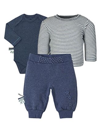 OrganicEra Organik Uzun Kollu Body, Tshirt, Pantolon , 3'lu Set,İndigo Melanj
