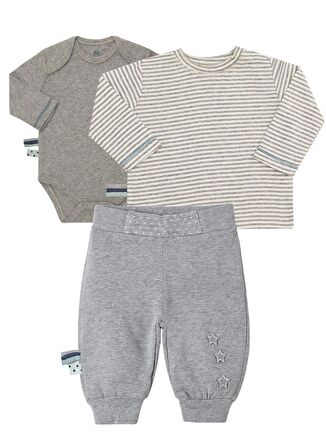OrganicEra Organik Uzun Kollu Body, Tshirt, Pantolon , 3'lu Set,Gri Melanj 