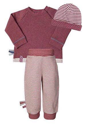 OrganicEra Organik  Sweatshırt, Şapka,Beli Katlamalı Pantolon , 3'lu Set,Bordo Melanj