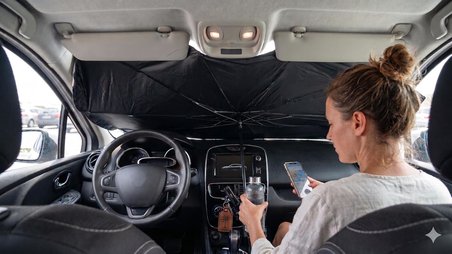 Araba Ön Cam Güneşliği Şemsiye (140x80 cm) - Deri Kılıflı Katlanabilir Oto Güneşlik, Isı ve UV Engelleyici Titanyum Gümüş Kaplama