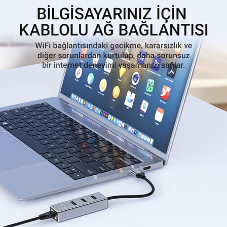 USB 2.0 to 100Mbps Ethernet Çevirici ve 3 Portlu USB Hub Çoklayıcı