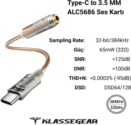 Klasse Type-C - 3.5 ALC5686 Çip HiFi DAC Kartı Kulaklık Kablosu (USB başlık)