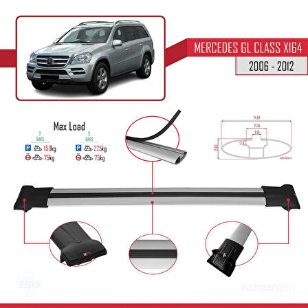 Mercedes GL Class (X164) 2006-2012 Arası ile Uyumlu FLY Model Ara Atkı Tavan Barı Gri 2 Adet