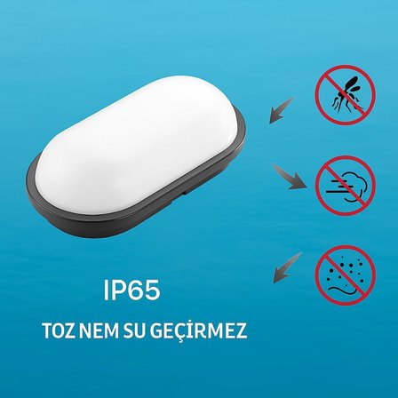 Aydos 15W Siyah IP65 Oval LED Tavan ve Duvar Lambası | 1500 Lümen Beyaz Işık | Su ve Toz Geçirmez Banyo Bahçe Balkon Aydınlatma Armatürü 220V