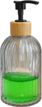 Zbern 2’li Cam Sıvı Sabunluk Seti – Füme Renk, 300 ml Şeffaf Cam Gövde, Doğal Bambu Başlık ve Stand – Modern Pompalı Dispenser – Banyo, Mutfak ve Lavabo Üstü Kullanım için Uygun