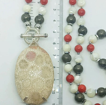 2344 Fosil Mercan Pirit Sedef el yapımı kolye