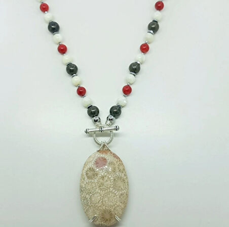 2344 Fosil Mercan Pirit Sedef el yapımı kolye