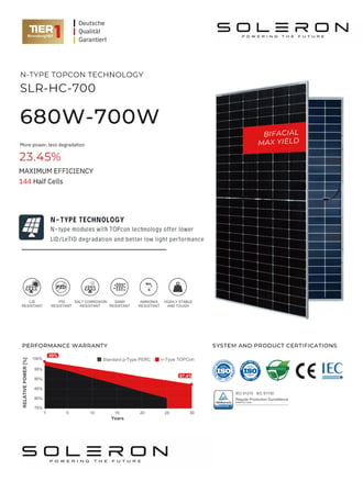 SOLERON 700W BIFACIAL TOPCON GÜNEŞ PANELİ