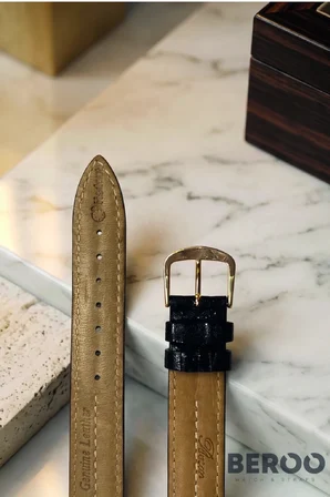 14mm Ultra Premium Özel Seri Çift Bombeli Hakiki Deri Saat Kordonu | Klasik Lüks Saat Kayışı | Paslanmaz Çelik Tokalı - Siyah