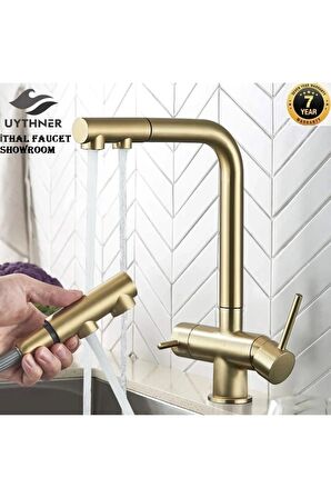 Mutfak Evye Bataryası Dual Flow Su Arıtma Çıkışlı Spiralli Fiskiyeli 7 Yıl Garantili Ithal Mat Gold