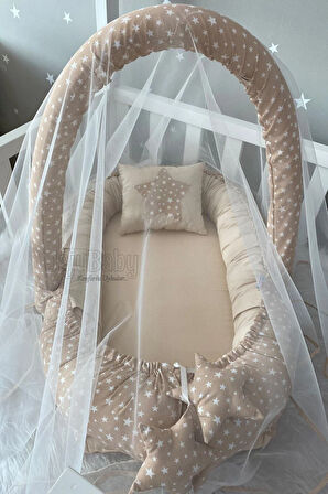 Kahve Yıldız Cibinlik Tül ve Oyuncak Askılı Jaju Babynest Anne Yanı Lüx Bebek Yatağı