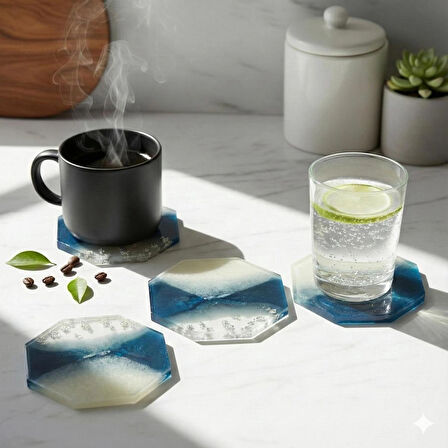 Dekoratif Bardak Altlığı Seti 4'lü - Kırılmaz Cam Görünümlü Leke Tutmaz Kahve Sunum Altlığı