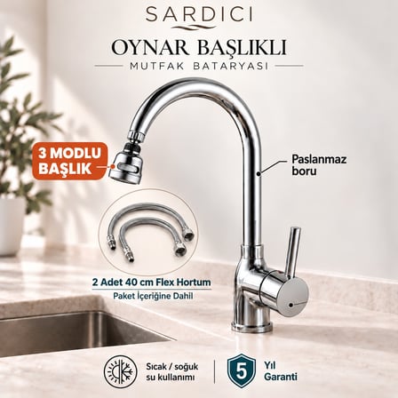 Sardıcı Akış 3 Modlu Oynar Başlıklı Mutfak Bataryası Pirinç Gövde 40 cm Flexli 5 Yıl Garantili
