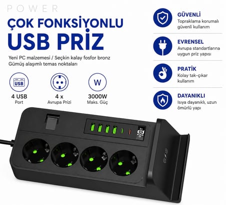 4'lü Priz Çoklayıcı Kablosuz Şarjlı 4 USB + Type-C 3000W 24 Saat Dijital Zamanlayıcılı 2 Metre Kablolu Akıllı Priz