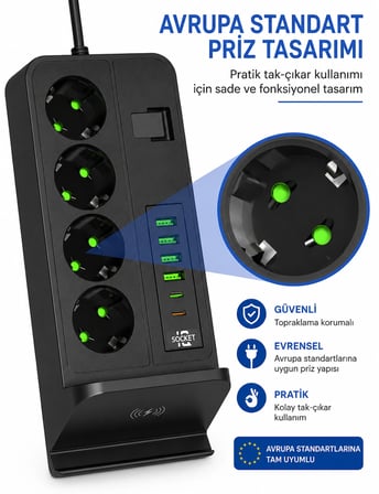 4'lü Priz Çoklayıcı Kablosuz Şarjlı 4 USB + Type-C 3000W 24 Saat Dijital Zamanlayıcılı 2 Metre Kablolu Akıllı Priz