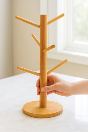 Ahşap Bambu Kupa Bardak Askısı 6'lı Stand Doğal Mutfak Tezgahı İçin Kupa Standı Bardak Tutucu Modern Dekoratif Dayanıklı Kolay Kurulumlu Organizer (Yuvarlak)