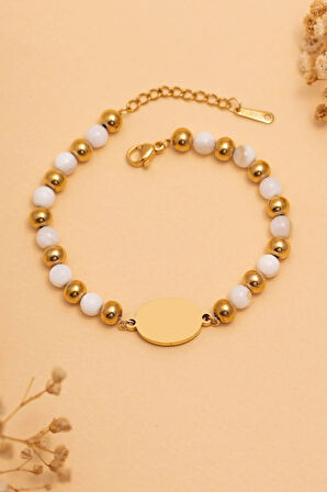 Kadın Çelik Bileklik - Beyaz Kuvars Taşı Çelik Lak Kaplamalı Isim Harf Yazılabilir Kadın Bileklik