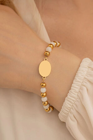 Kadın Çelik Bileklik - Beyaz Kuvars Taşı Çelik Lak Kaplamalı Isim Harf Yazılabilir Kadın Bileklik