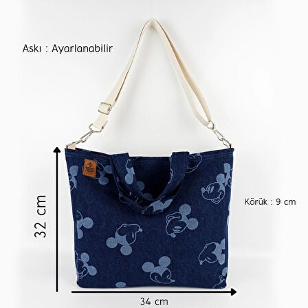 Woodycord Mickey Mouse Desenli  Büyük Boy Denim Tote Çanta