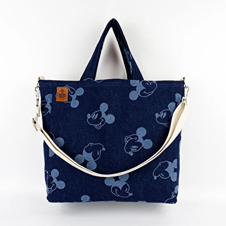 Woodycord Mickey Mouse Desenli  Büyük Boy Denim Tote Çanta