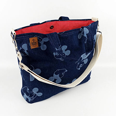 Woodycord Mickey Mouse Desenli  Büyük Boy Denim Tote Çanta