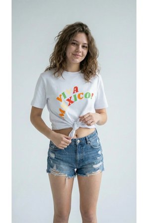 kadın Düz Renk Vıva Mexcıo Dijital Baskılı Bisiklet Yaka Basic Tişört Beyaz / XL