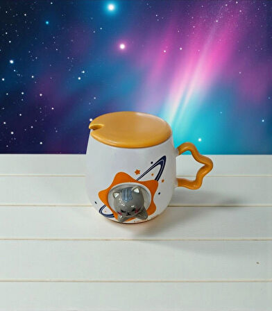  Uzay Temalı Kapaklı Yıldız Kedi Kupa Bardak, Kaşıklı, Şık ve Kullanışlı Tasarım