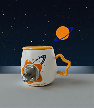  Uzay Temalı Kapaklı Yıldız Kedi Kupa Bardak, Kaşıklı, Şık ve Kullanışlı Tasarım