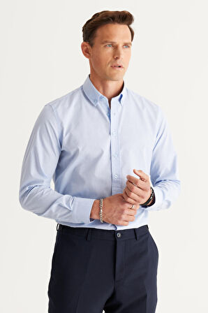 Erkek Açık Mavi Slim Fit Dar Kesim Düğmeli Yaka Desenli Gömlek