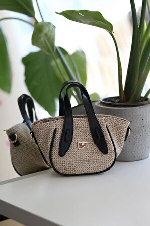 Siyah Hasır Dokulu Tutma Saplı Pouch El Çantası