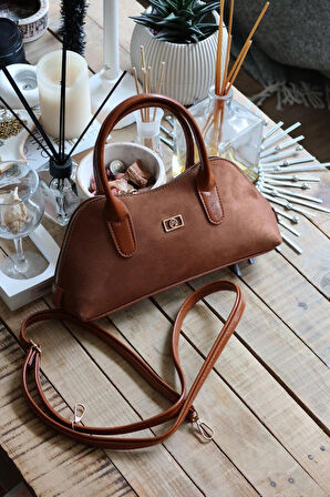 taba süet çift fermuar detaylı el omuz çantası